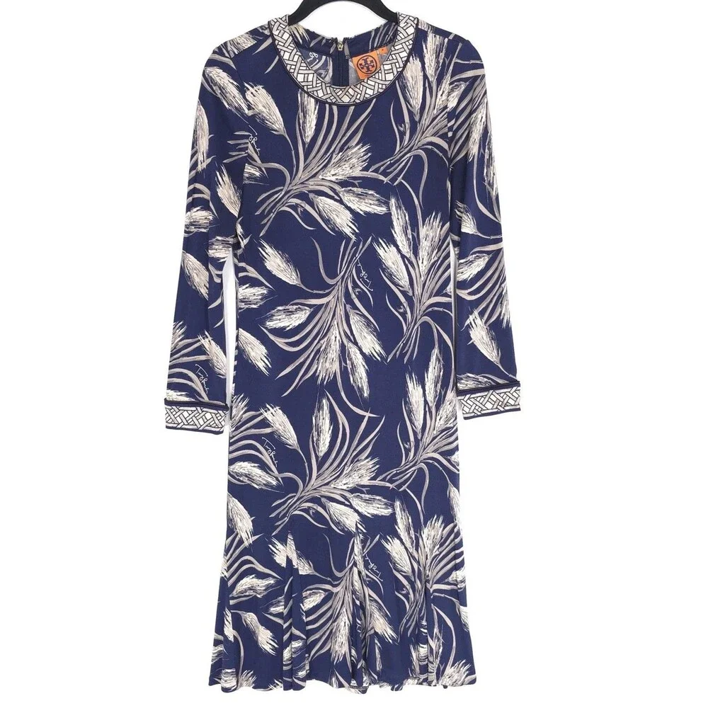TORY BURCH Women’s Dress MEDIUM 100% SILK Floral Navy Gray Flounce Hem‎ 11132405